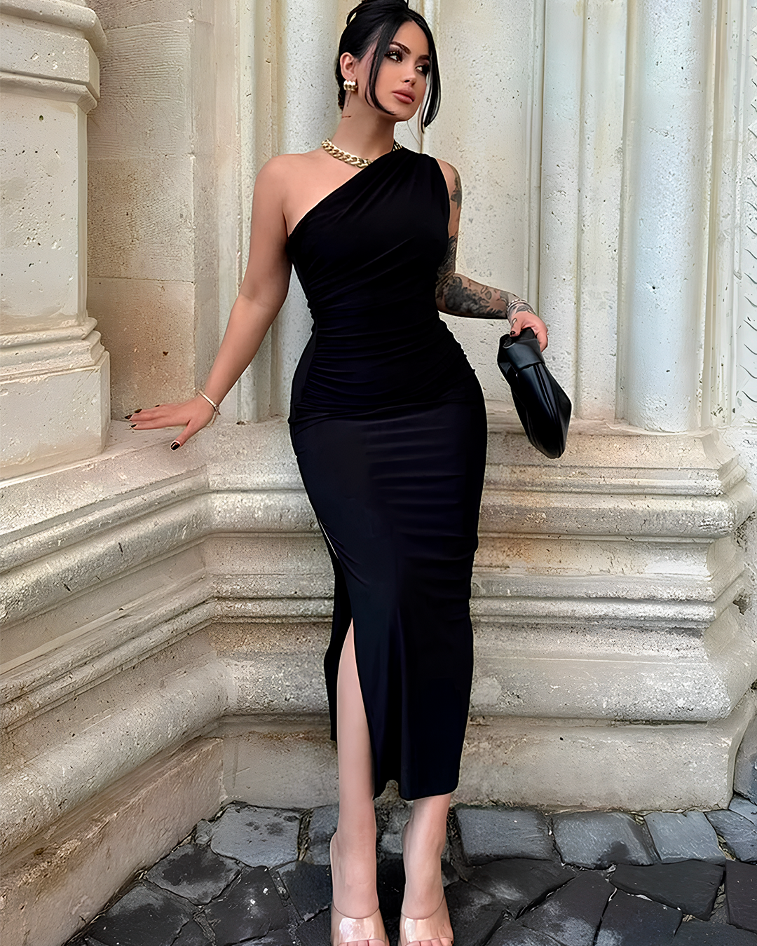 One Shoulder Long Dress with Side Slit