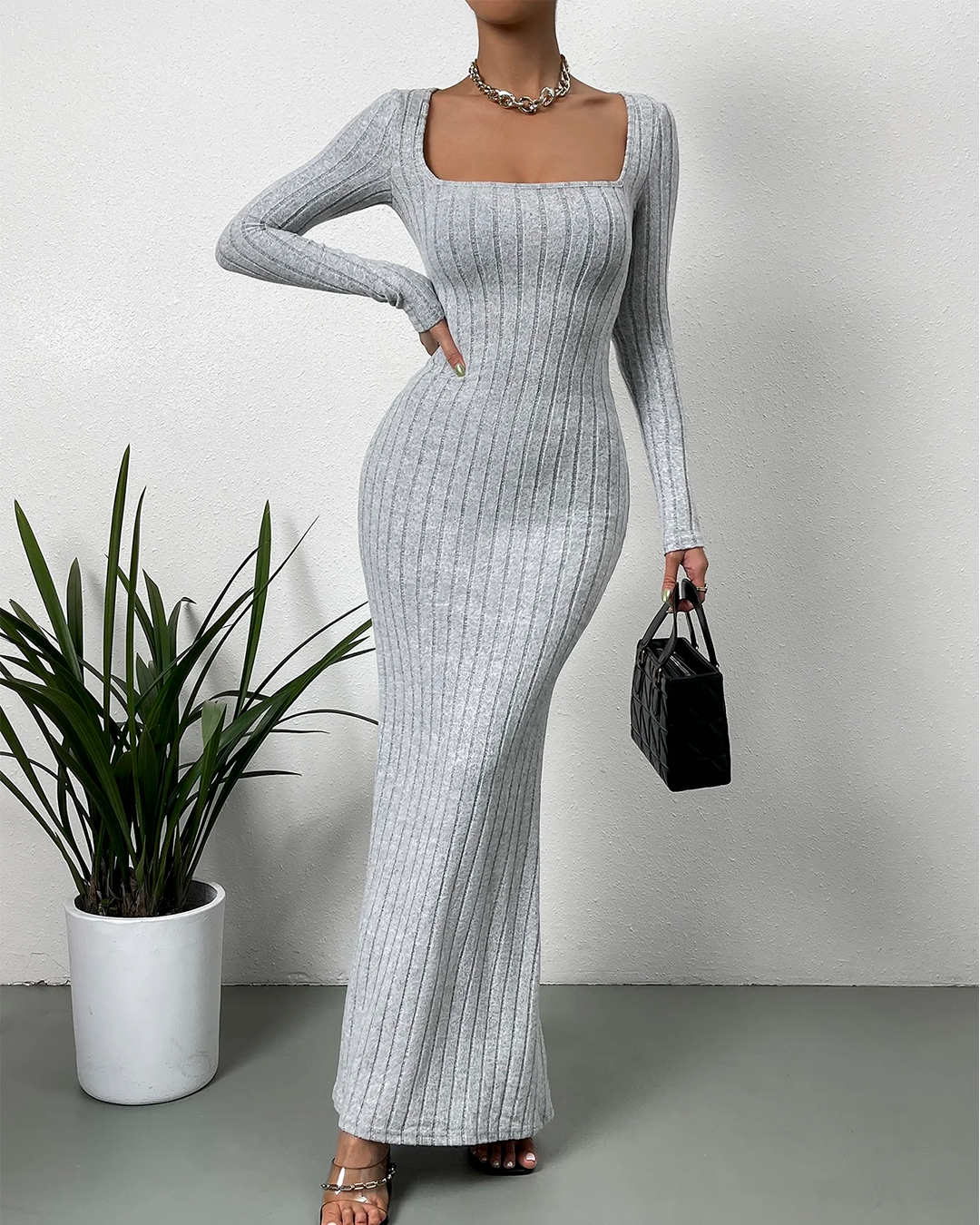 Ribbed Long Dress with Square Neck