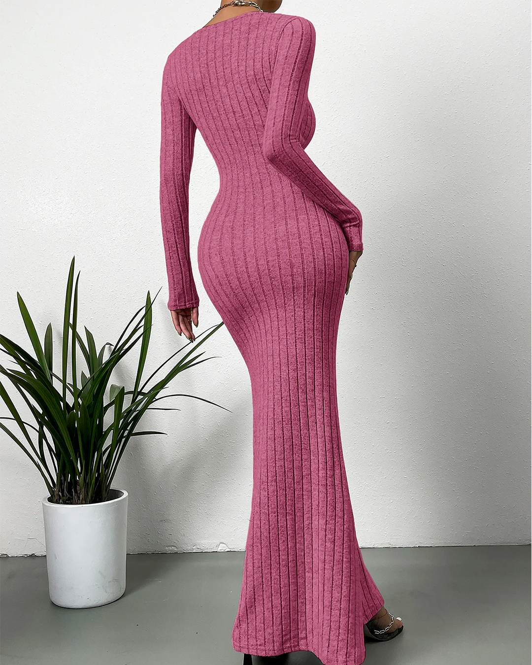 Ribbed Long Dress with Square Neck