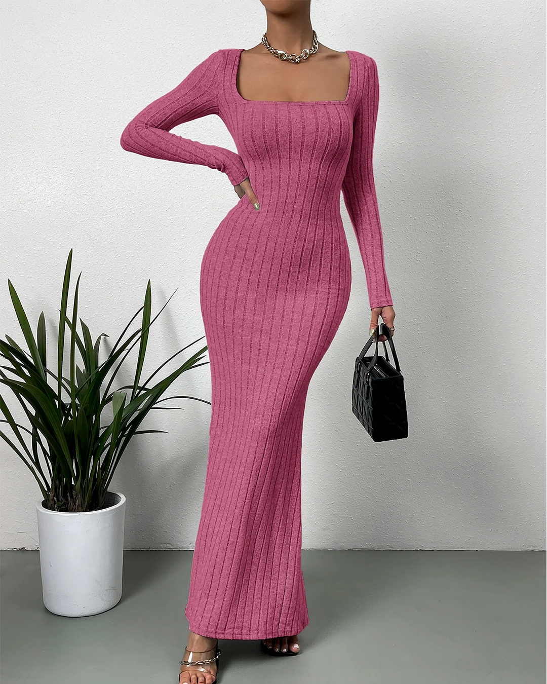 Ribbed Long Dress with Square Neck
