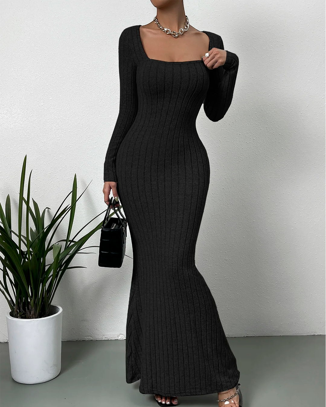 Ribbed Long Dress with Square Neck