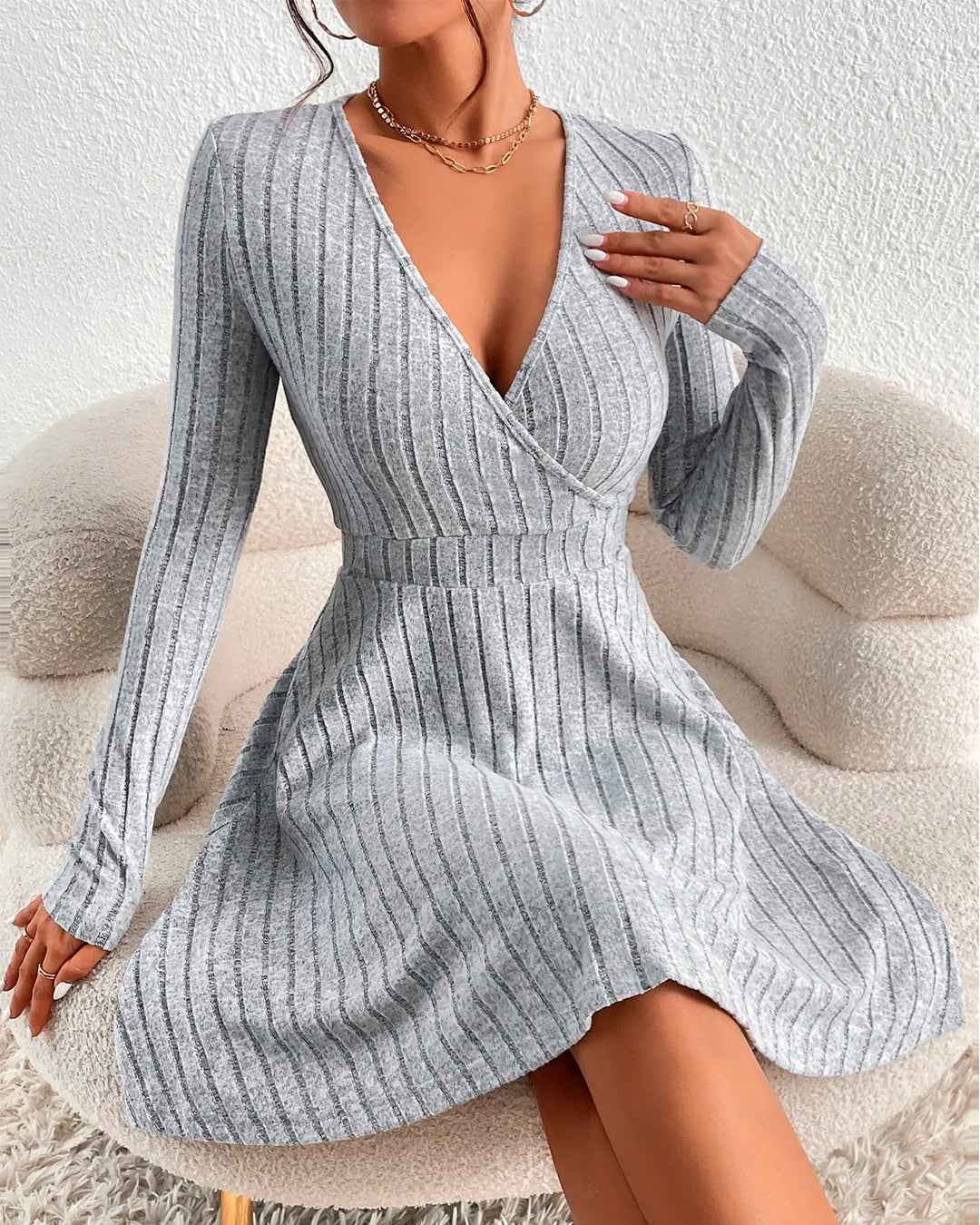 Ribbed V Neck Flared Short Dress