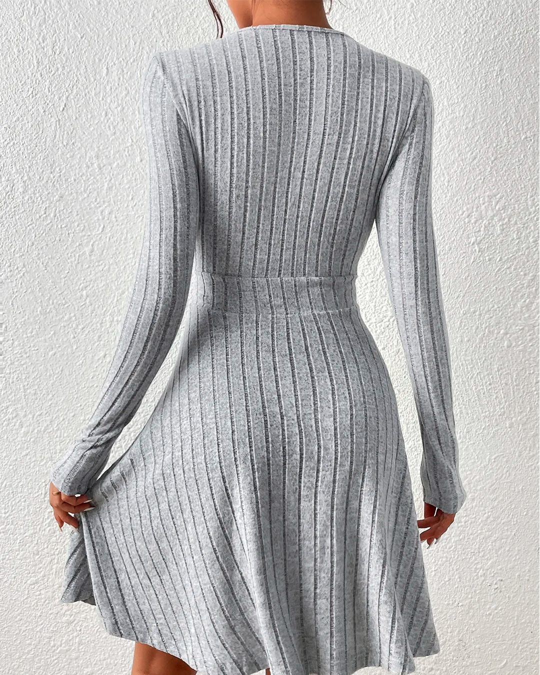 Ribbed V Neck Flared Short Dress