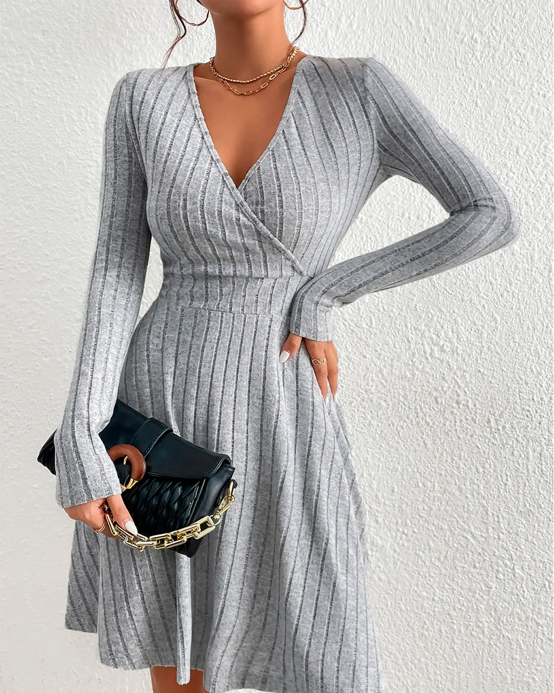 Ribbed V Neck Flared Short Dress