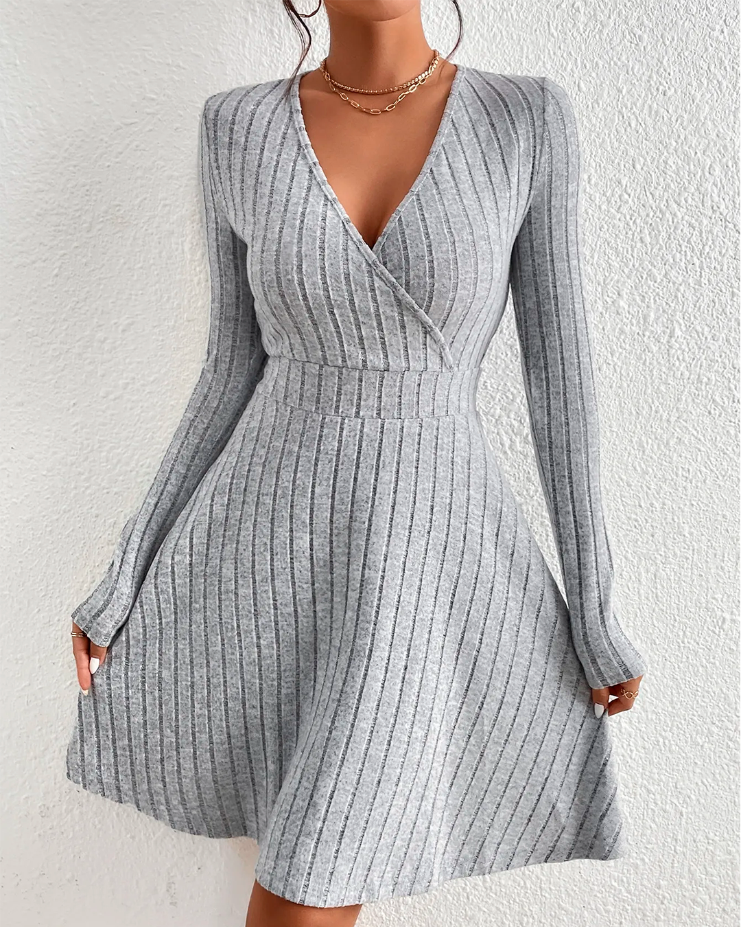 Ribbed V Neck Flared Short Dress